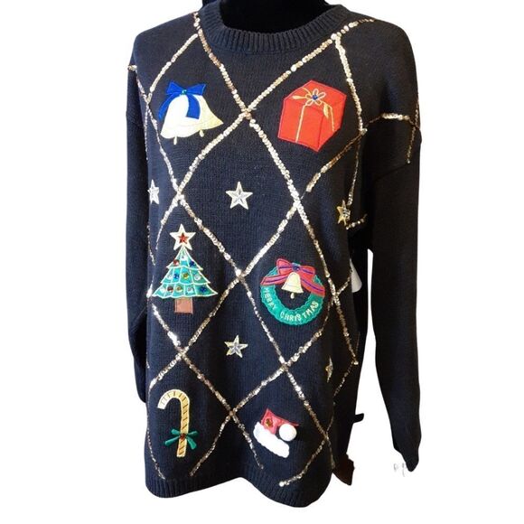 Work In Progress Sweater Appliqued Embroidered Christmas 7Cotton M… - Picture 1 of 8